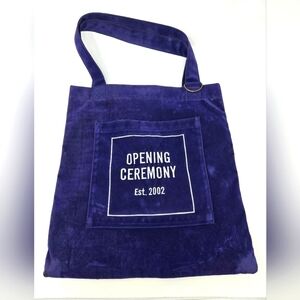 OPENING CEREMONY ROYAL BLUE POLYESTER VELVET TOTE BAG WHITE EMBROIDERY WOMEN OS